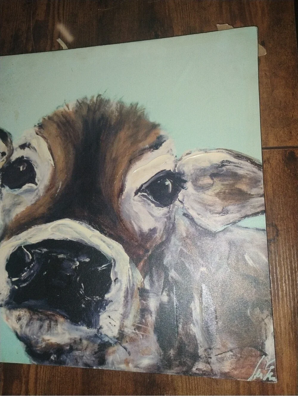 Hand Painted Cow Canvas Wall Art Sweet Jersey Cow Portrait Mint Green Background